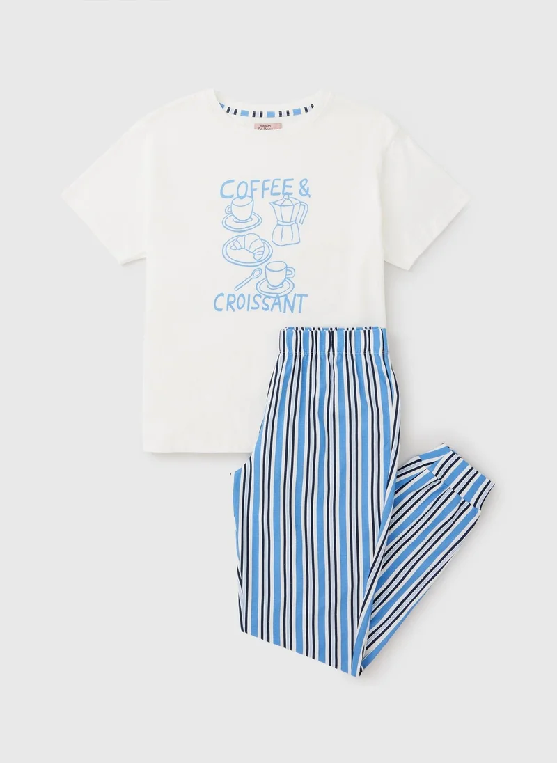 Matalan Blue/White Blue Coffee & Croissant Pyjama Set for Women | Best Price UAE